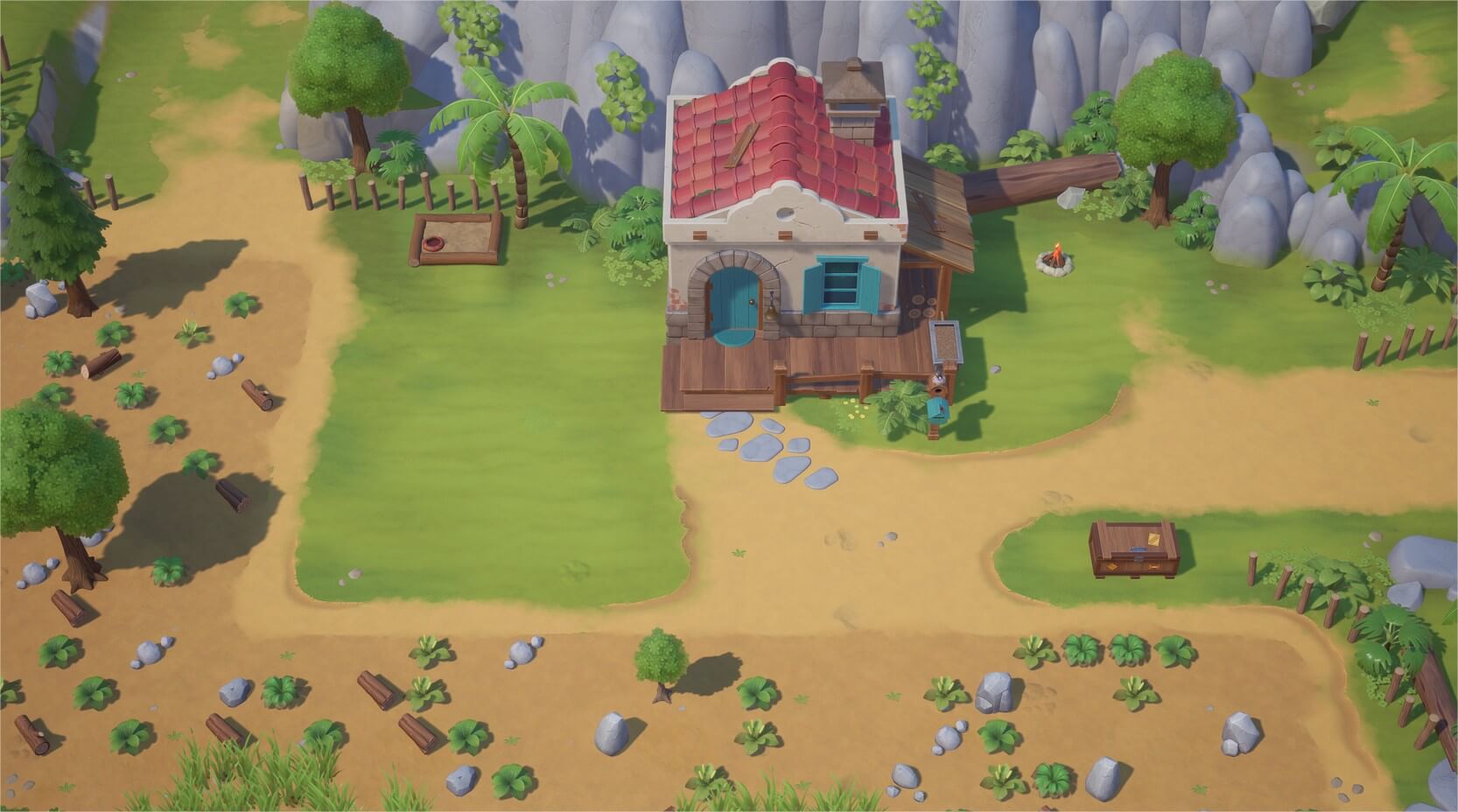 Tampilan set rumah dan lahan tani dalam game Coral Island